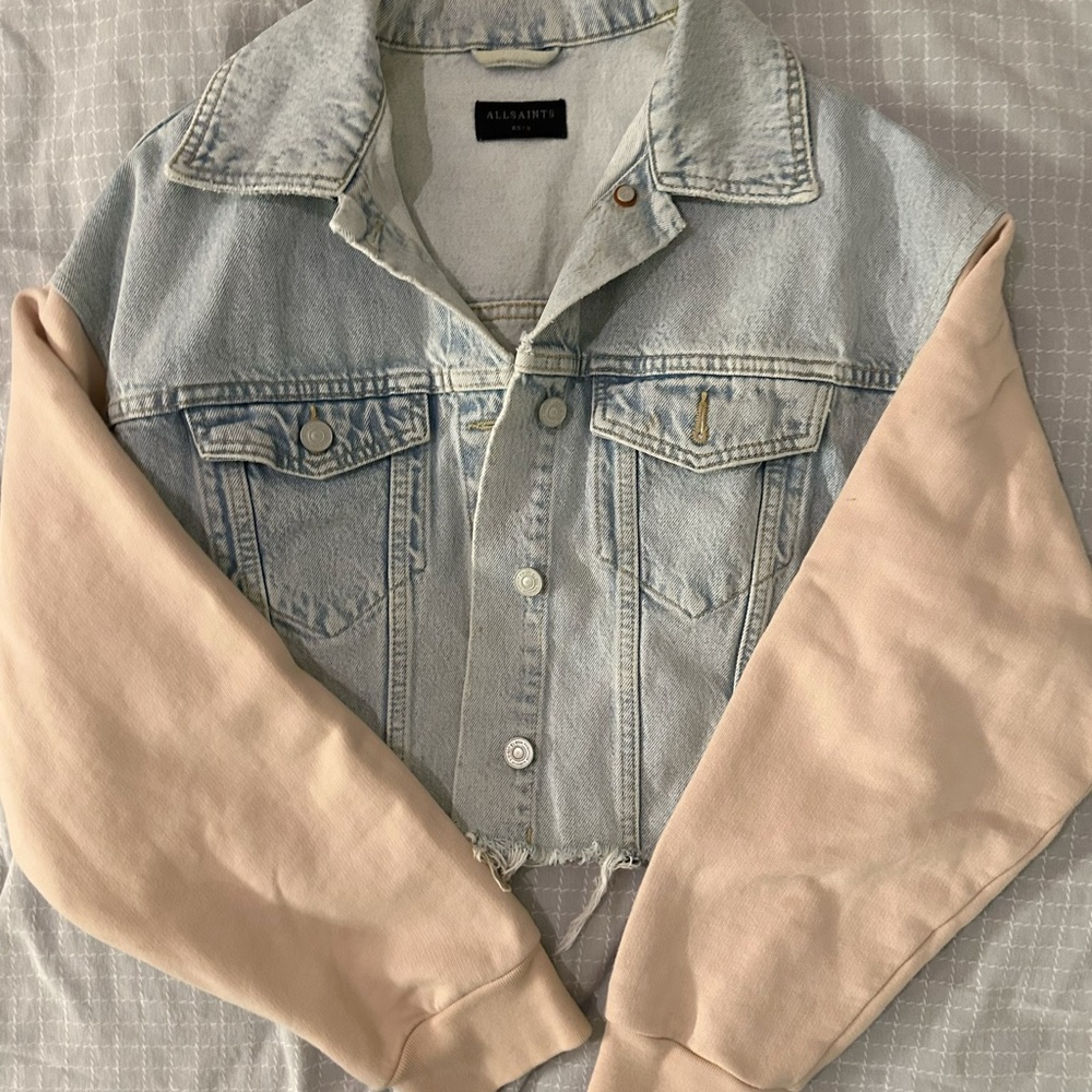 All Saints Light Blue Denim Jacket with Tan Sleeves